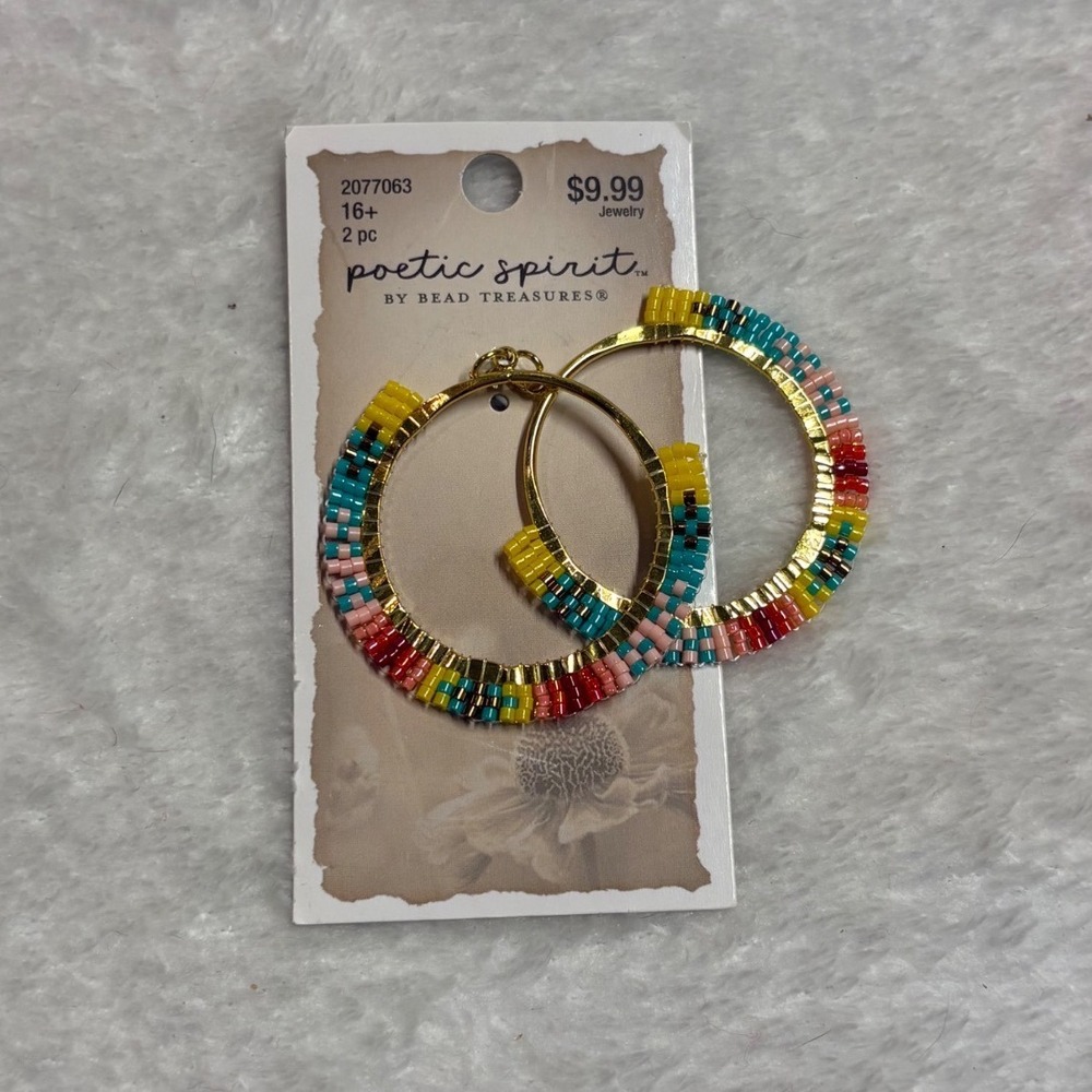 Poetic Spirit Bead Treasures Multicolor Seed Bead Gold Tone Hoop Charms Jewelry